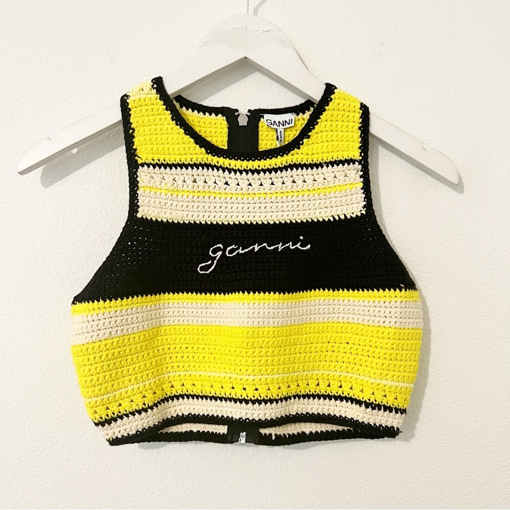 NWT GANNI Crochet Racerback Top in Golden Kiwi Stripe Size 38 * - Picture 2 of 6